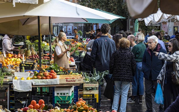 San Cosimato Food Market in Rome with fresh produce and local vendors.