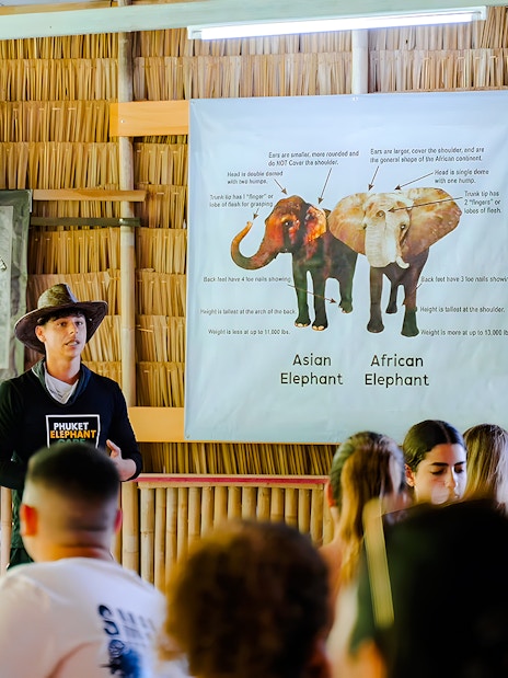 Guide discussing elephants at Phuket Elephant Care with visitors.