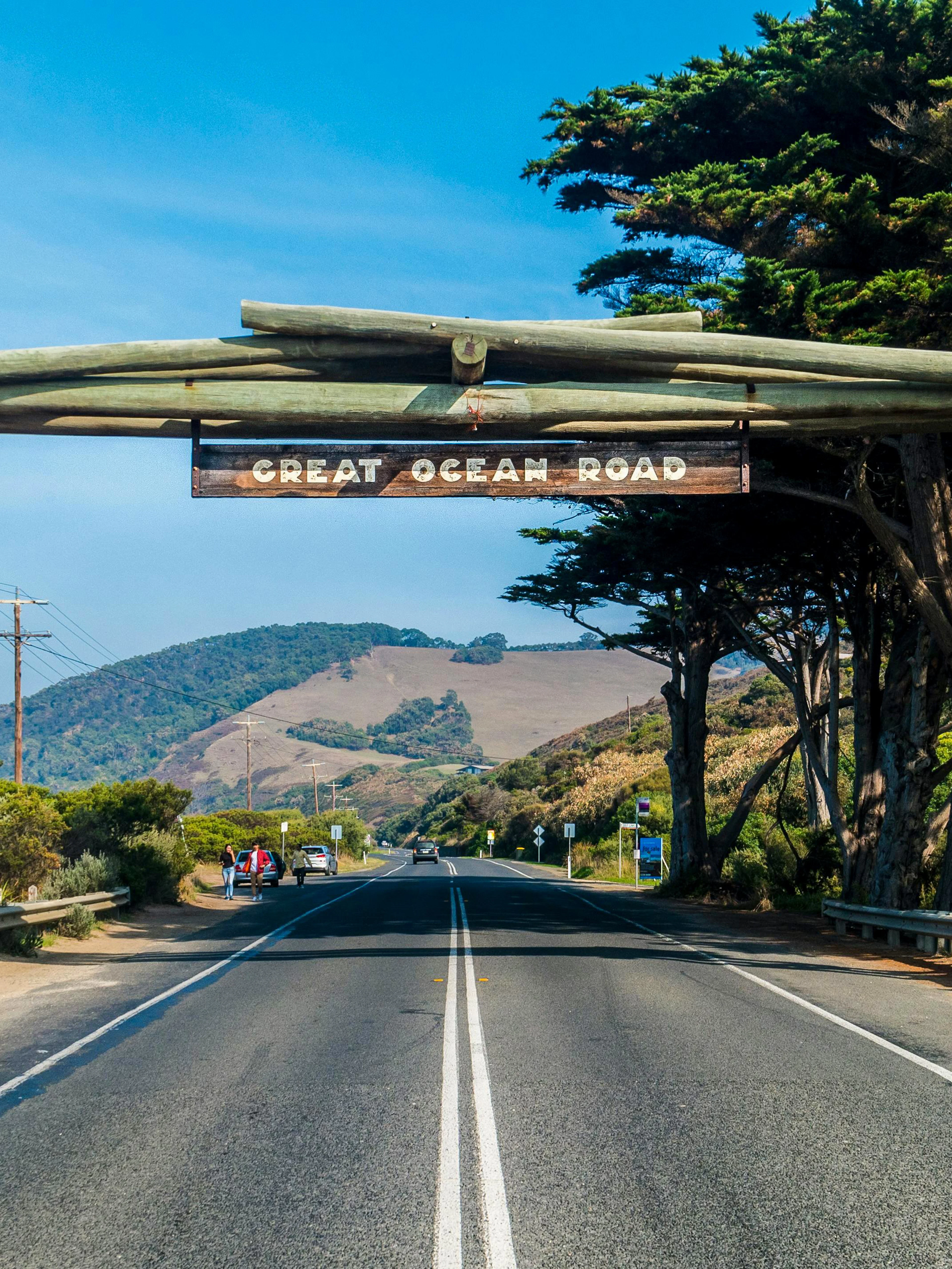 Great Ocean Road entrance with scenic landscape in Victoria, Australia.