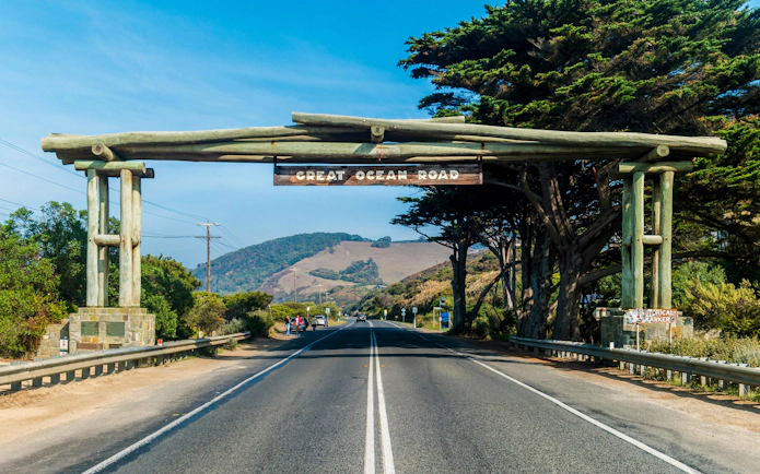 Great Ocean Road entrance with scenic landscape in Victoria, Australia.