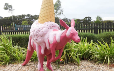 Kangaroo sculpture with ice cream cone on Great Ocean Road tour.
