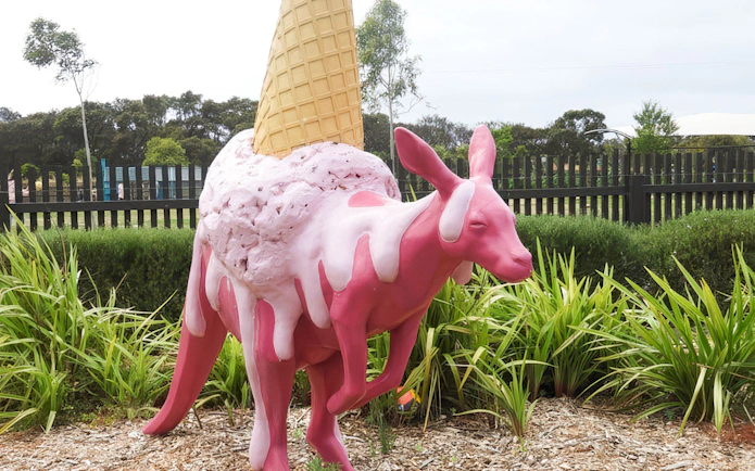 Kangaroo sculpture with ice cream cone on Great Ocean Road tour.