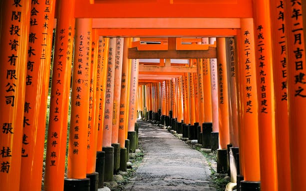 Pathway through orange torii gates at Fushimi Inari Taisha Shrine, Kyoto, Japan.