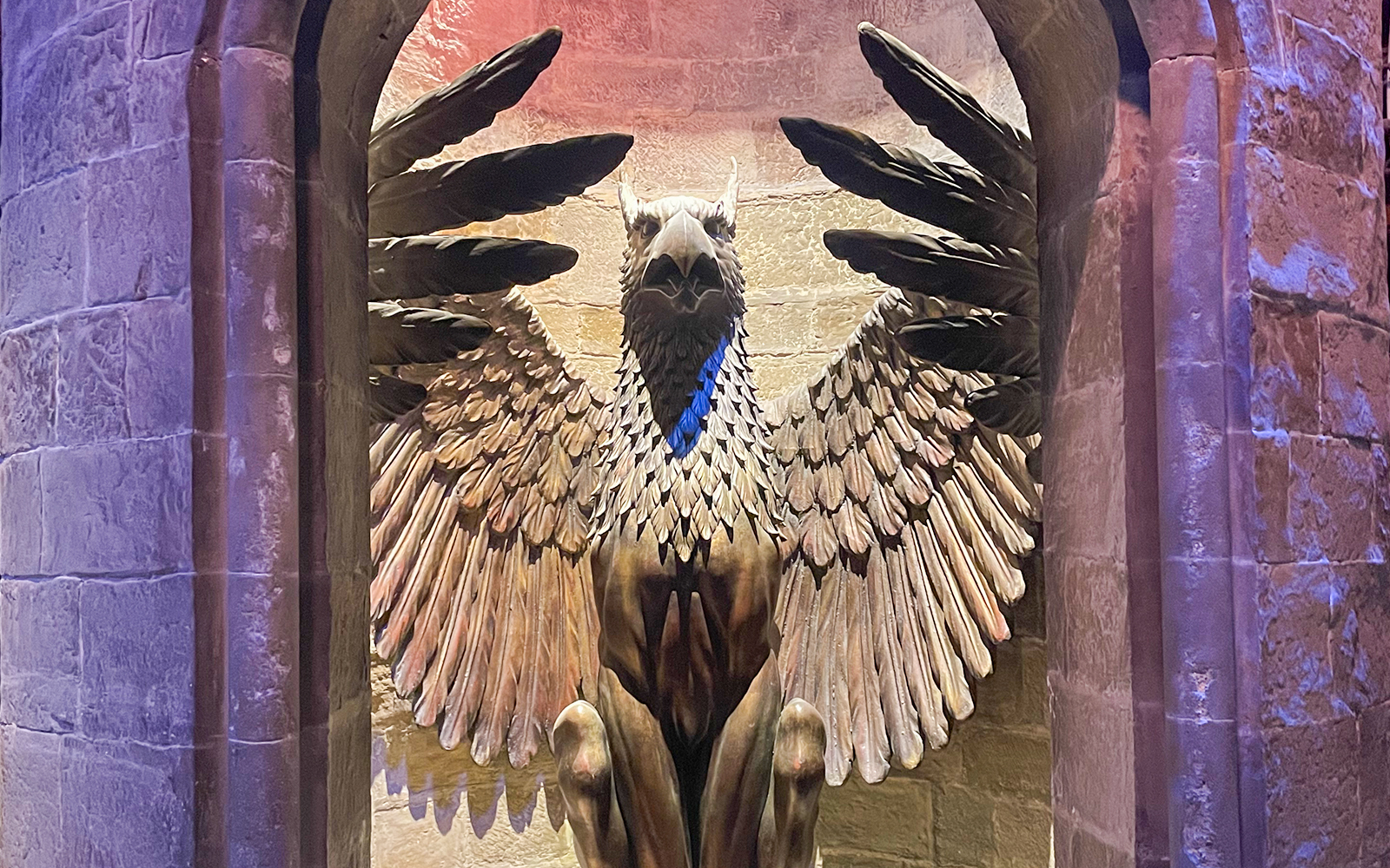 Fawkes the phoenix perched in Dumbledore's office at Warner Bros. Studio Tour London.