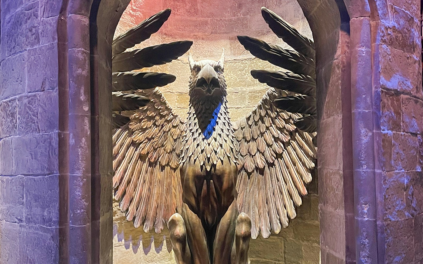 Fawkes the phoenix perched in Dumbledore's office at Warner Bros. Studio Tour London.