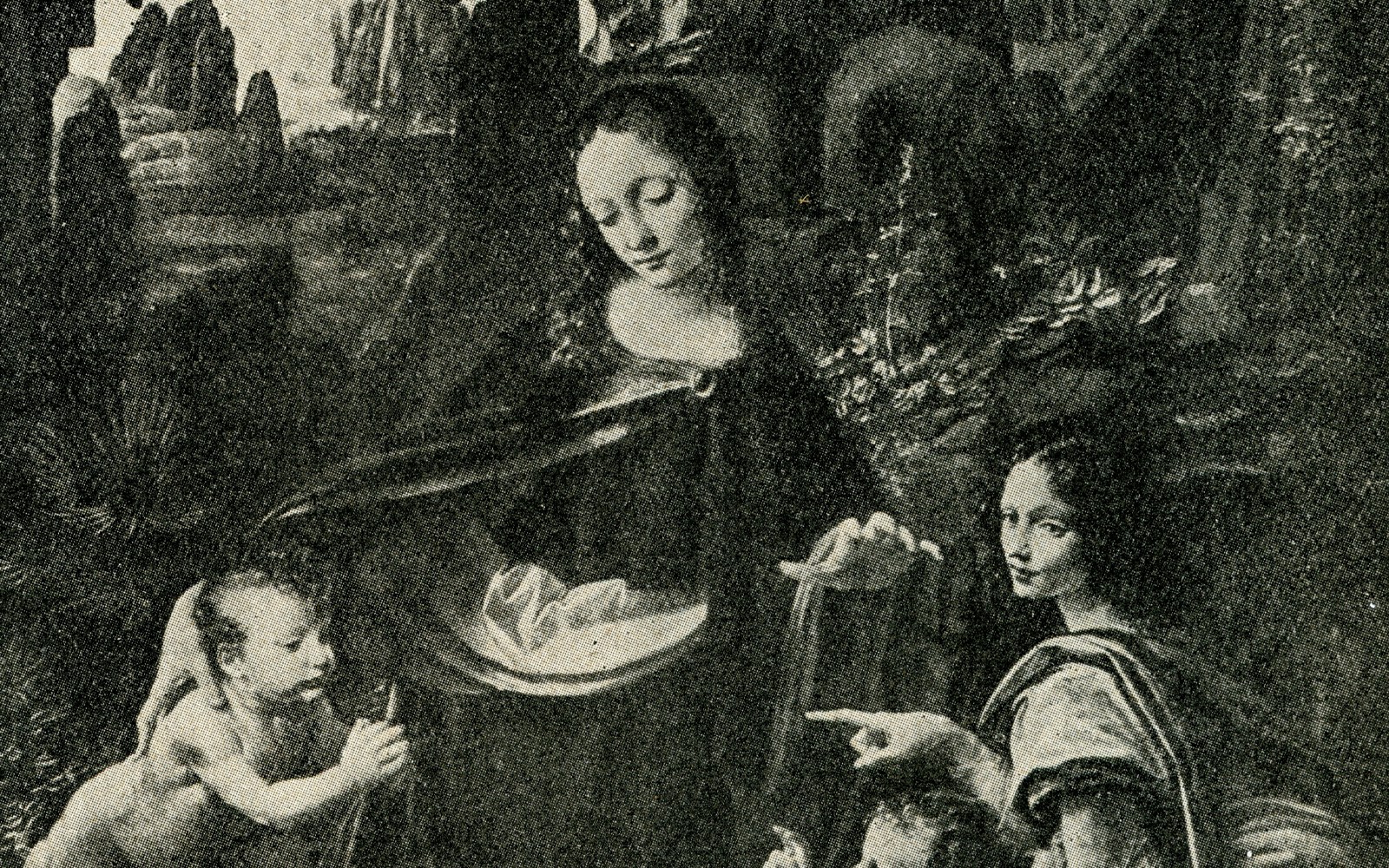 Virgin of the Rocks painting by Leonardo da Vinci, featuring figures in a rocky landscape.