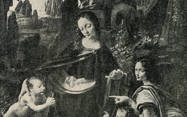 Virgin of the Rocks painting by Leonardo da Vinci, featuring figures in a rocky landscape.