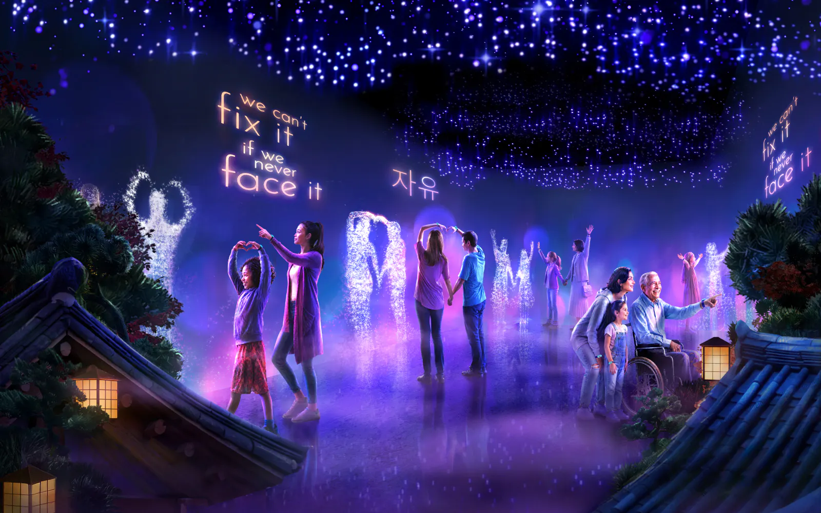 Visitors interact with digital displays at Netflix House Philadelphia, Kpop Demon Hunters exhibit.