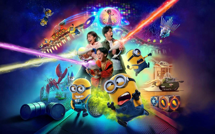 Visitors enjoying Illumination's Villain-Con Minion Blast at Universal Studios Japan's Minion Park.