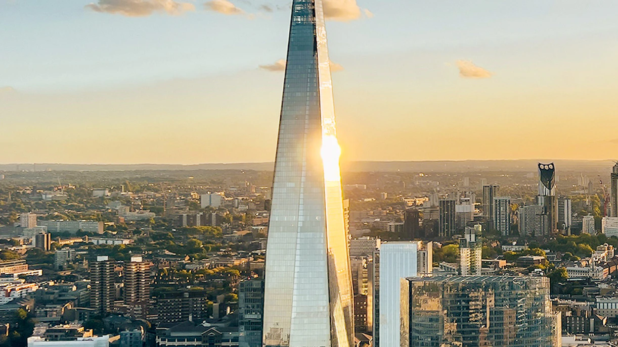 Aerial view of the Shard tower in central London at sunset.