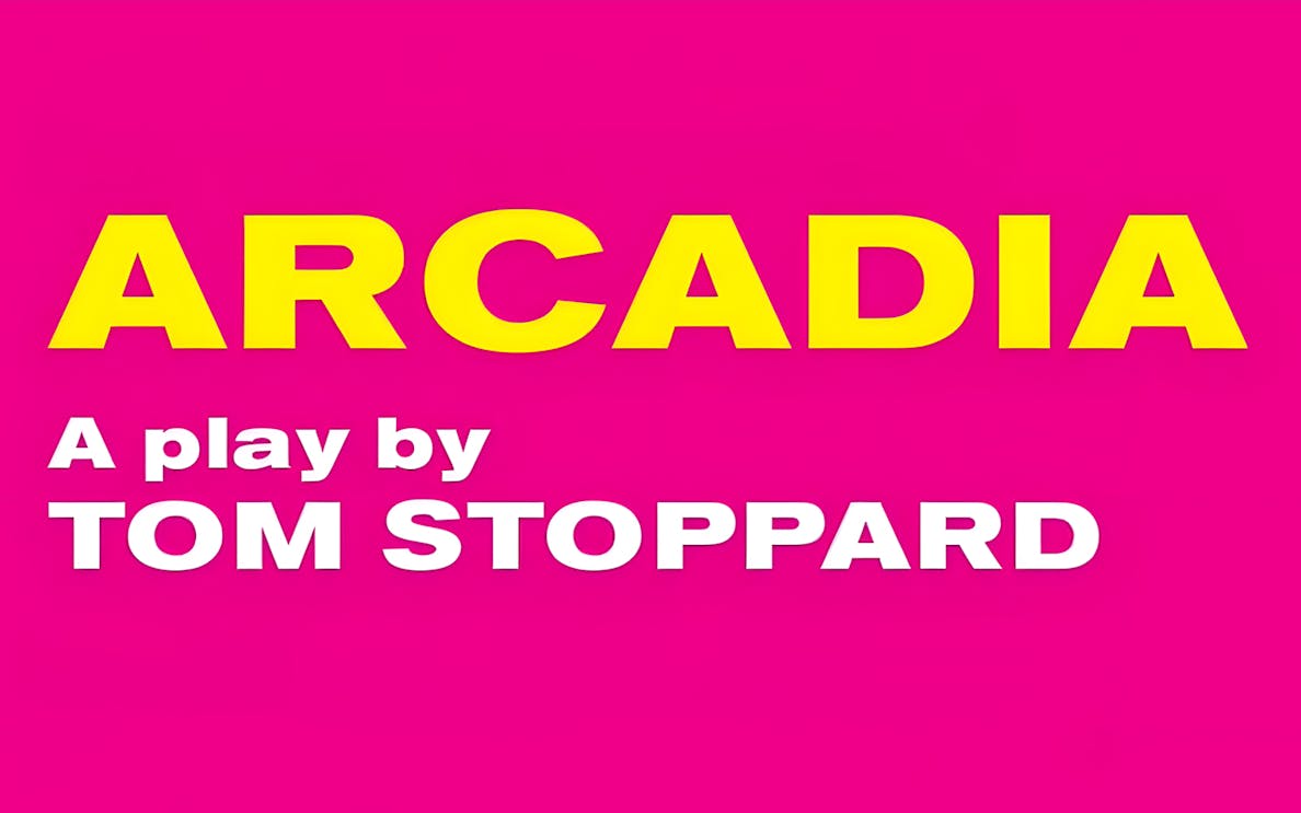 Arcadia play by Tom Stoppard promotional text on pink background