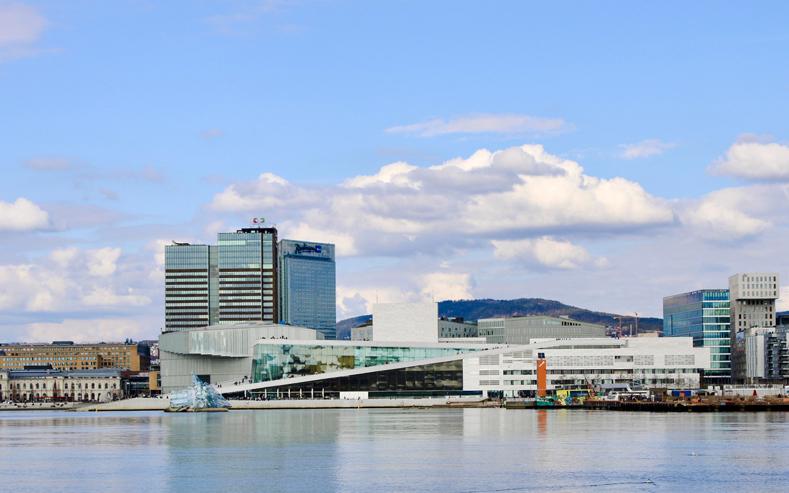 Oslo Opera House and cityscape viewed from Oslofjord cruise.