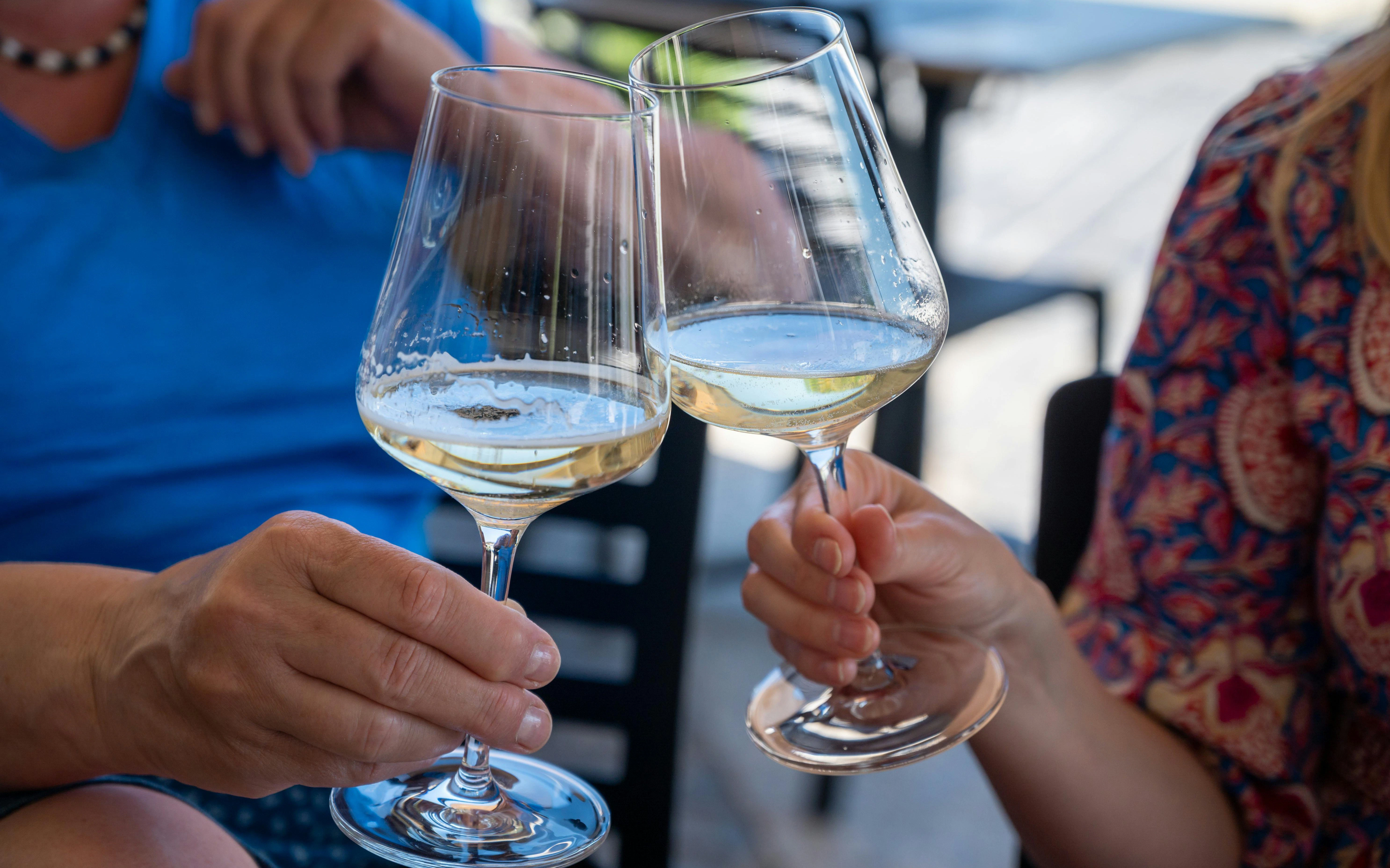 Toasting with glasses of txakoli wine in a Getaria, Spain restaurant.