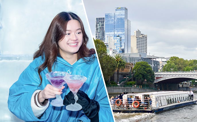 Woman holding ice glasses in a bar and a river cruise boat in Melbourne, Australia.