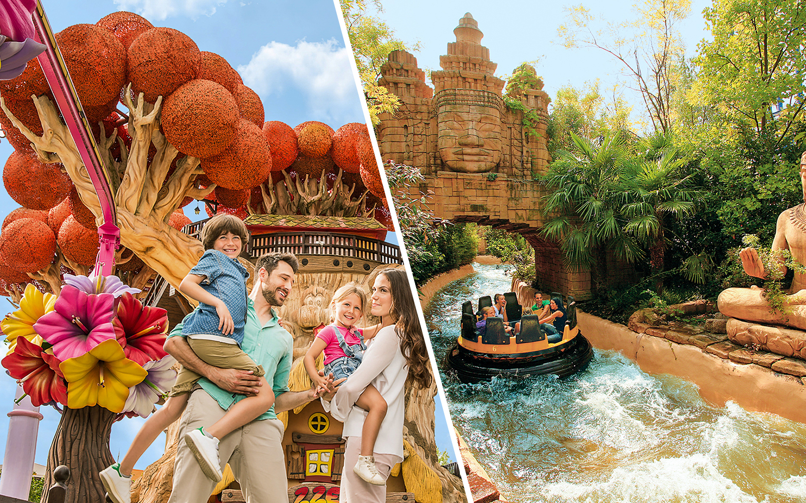 Family enjoying rides and attractions at Gardaland theme park.