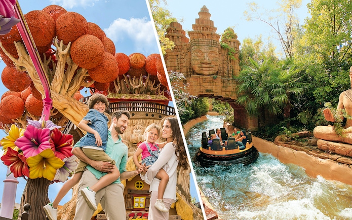 Family enjoying rides and attractions at Gardaland theme park.