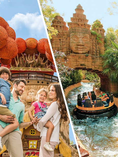 Family enjoying rides and attractions at Gardaland theme park.
