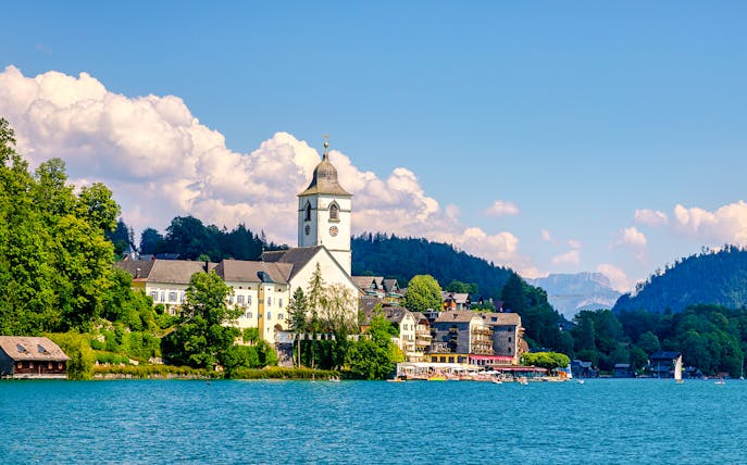St. Wolfgang church and village by Wolfgangsee lake, Austria.
