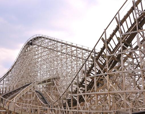 Parque Warner Madrid Coaster Express roller coaster with wooden tracks in Madrid, Spain.