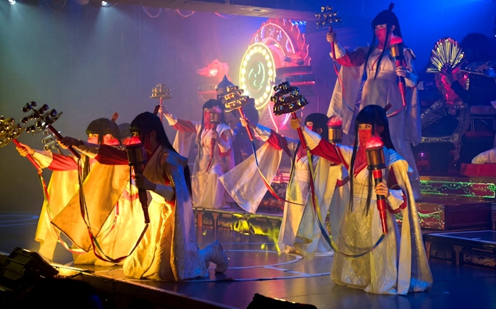 Samurai performers in traditional attire during a show in Kabukicho, Shinjuku, Tokyo.