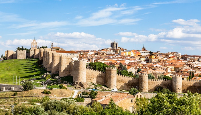 Avila cityscape with medieval walls and cathedral, viewed from a distance.