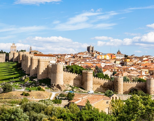 Avila cityscape with medieval walls and historic buildings in Spain.