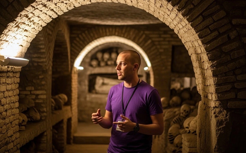 Guide explaining Roman catacombs with skulls and arches in the background.