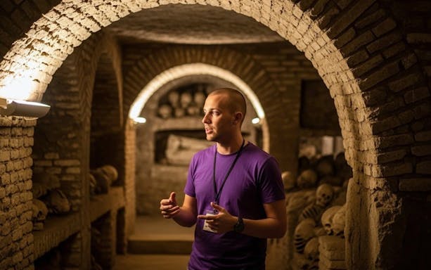Guide explaining Roman catacombs with skulls and arches in the background.
