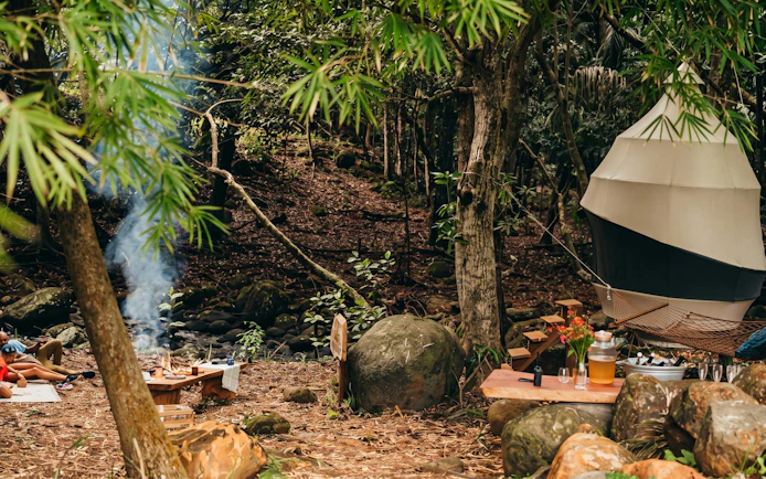 Camp setup with hammock and tent in Bel Ombre wilderness tour.