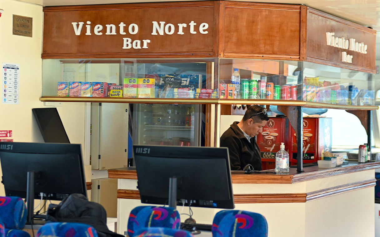 Bar area on Perito Moreno Cruise with snacks and drinks.