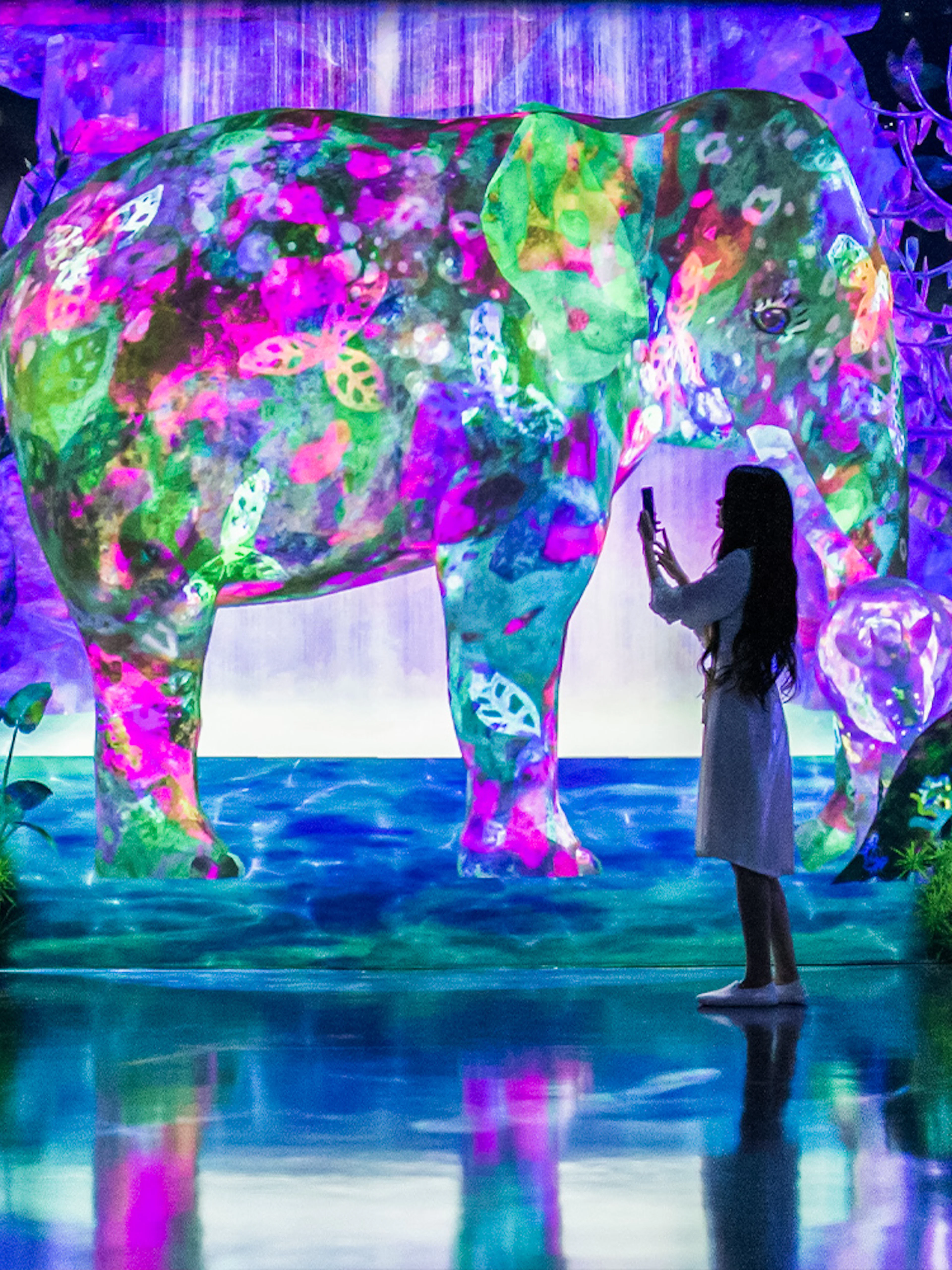 Visitors interacting with colorful digital art of animals at E・ZO FUKUOKA teamLab Forest.