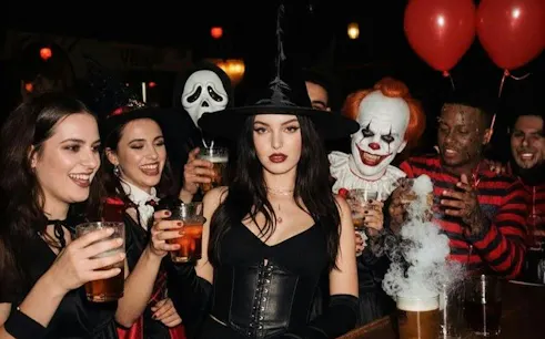 Group in Halloween costumes enjoying drinks at a Barcelona club party.