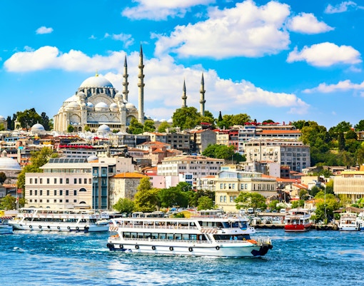 Bosphorus Cruise ship sailing past Istanbul's iconic skyline with historic mosques and bridges in view.