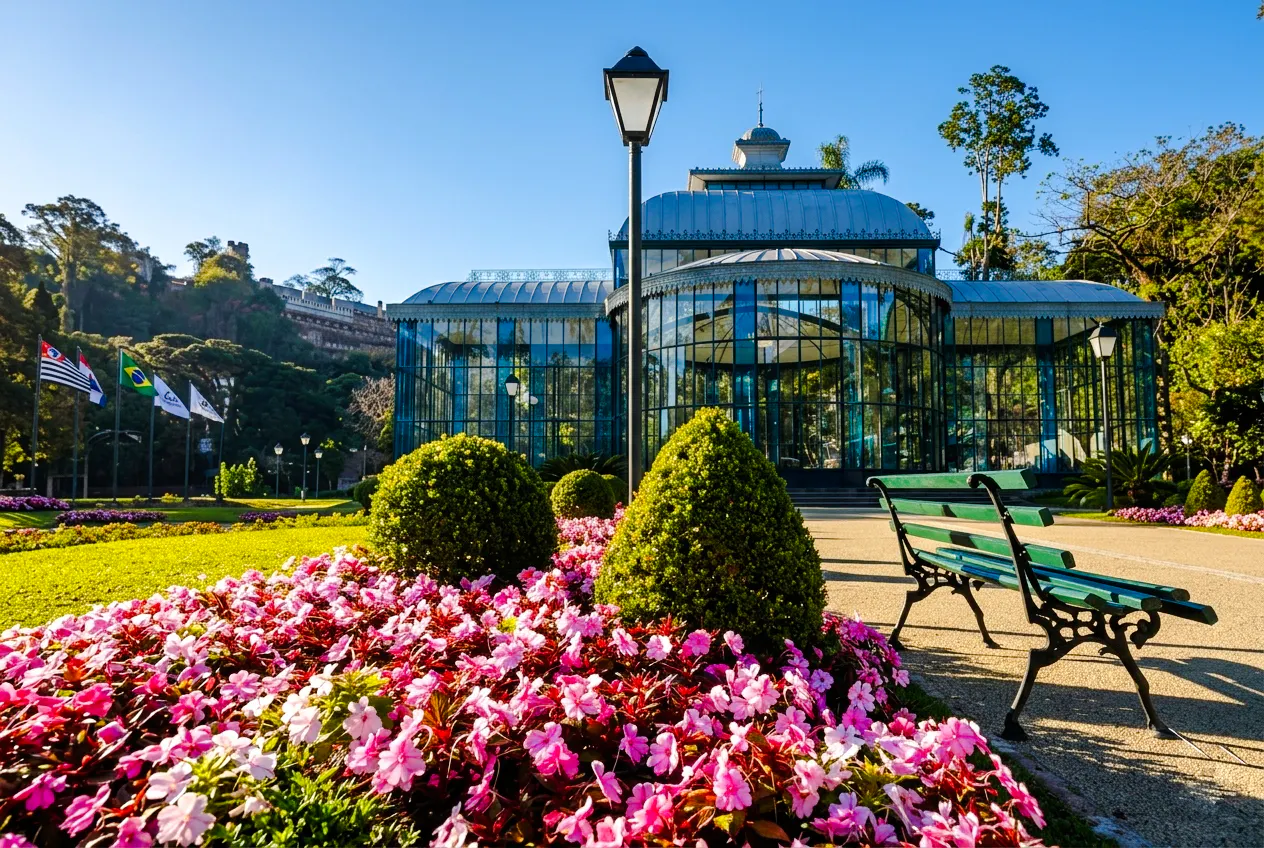 Glasshouse in gardens with pink flowers, Petrópolis Imperial Museum, Rio de Janeiro.