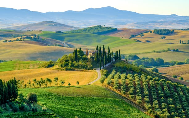 Chianti landscape with rolling hills, vineyards, and cypress trees in Tuscany, Italy.