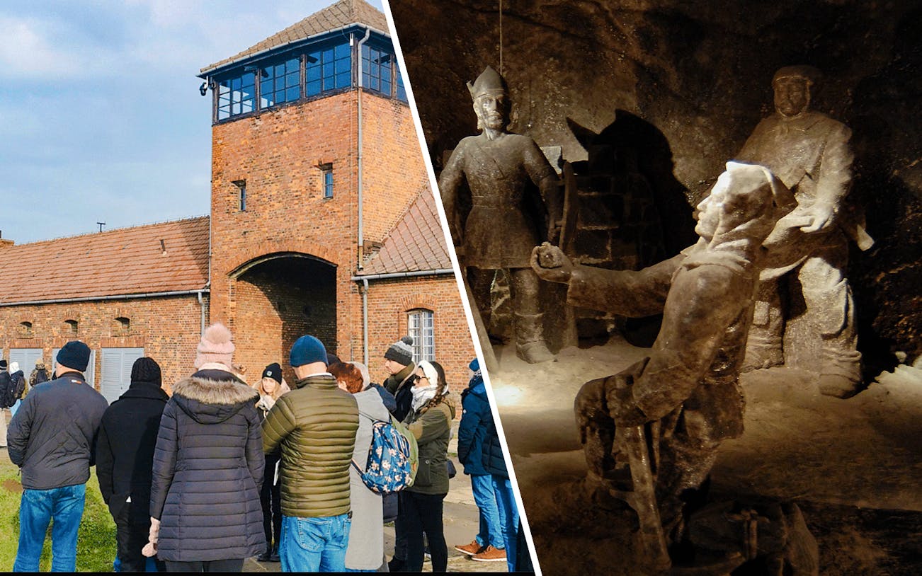 Tour group at Auschwitz-Birkenau entrance and salt sculptures in Wieliczka Salt Mine, Krakow.