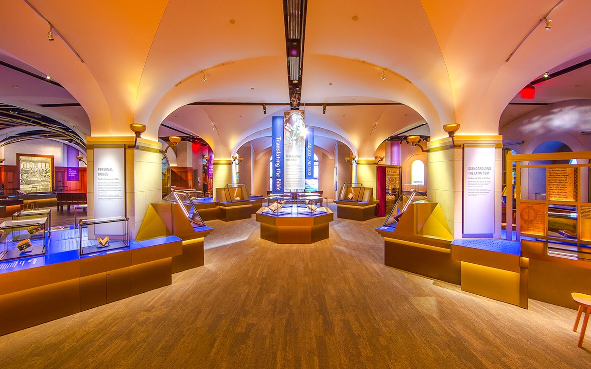 Exhibit hall with Bible displays at Museum of the Bible, Washington DC.