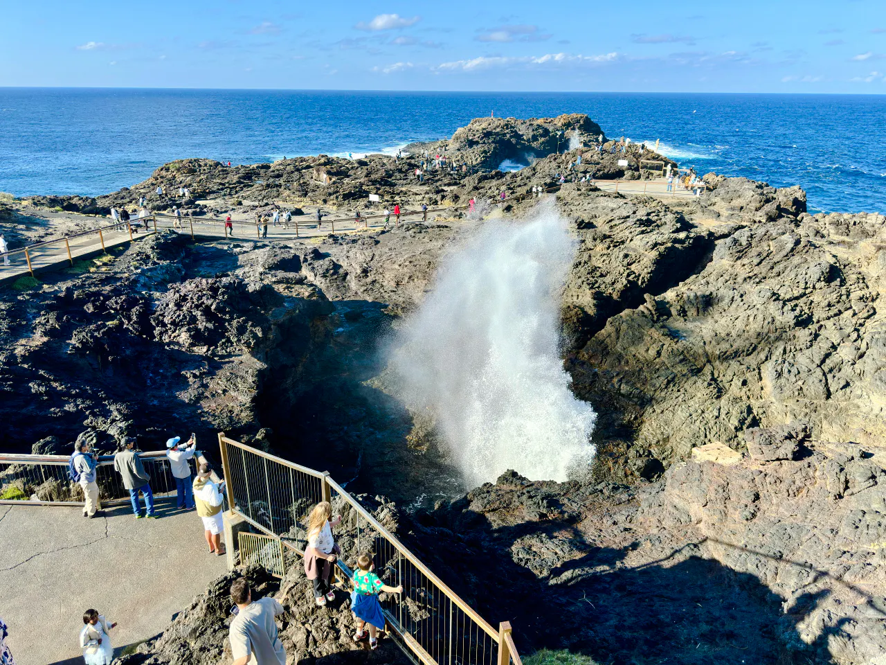 Kiama Blowhole with visitors watching water spout, rocky coastline, Sydney tour.