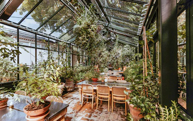 Greenhouse dining area with plants at Tivoli Gardens, Copenhagen.