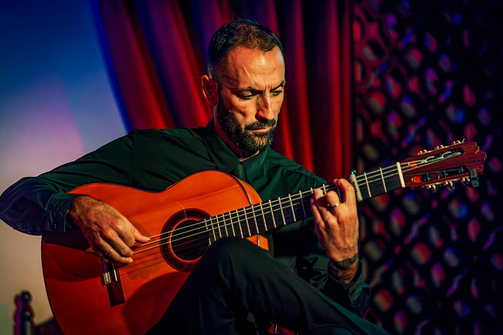 Guitarist performing at Palacio Flamenco Granada show.