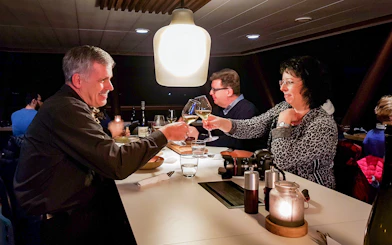 Guests toasting with wine glasses on an Aurora Boreal dinner cruise.