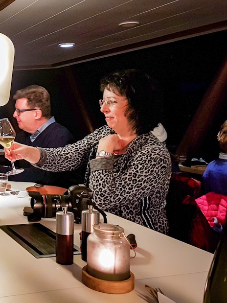 Guests toasting with wine glasses on an Aurora Boreal dinner cruise.