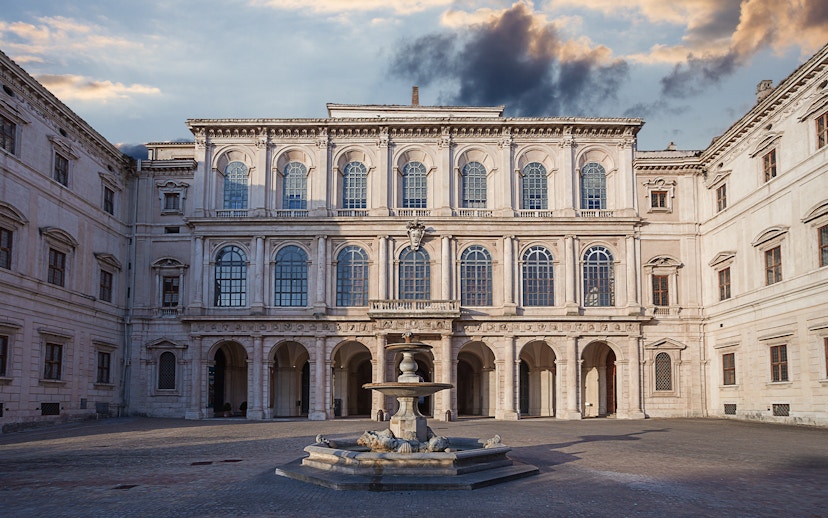Palazzo Barberini facade with fountain in Rome, Italy.