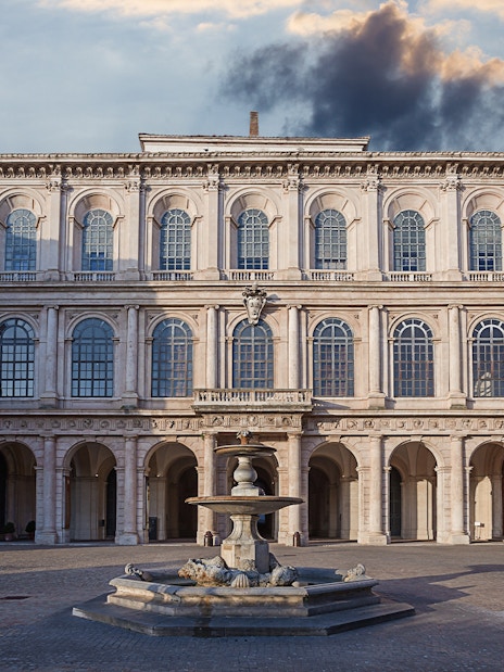 Palazzo Barberini facade with fountain in Rome, Italy.