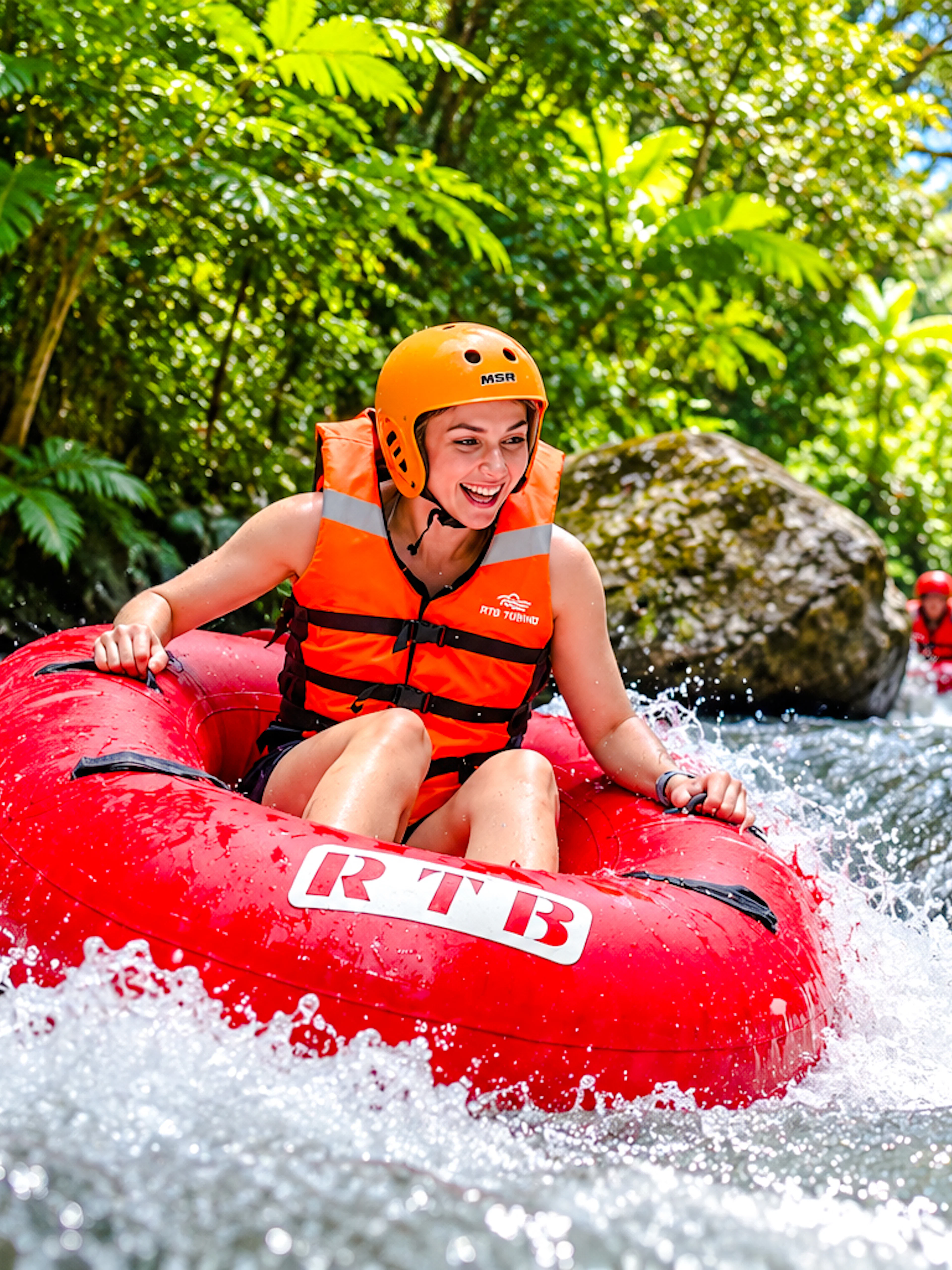 Tubing adventure on Pekerisan River, Bali amidst lush greenery.
