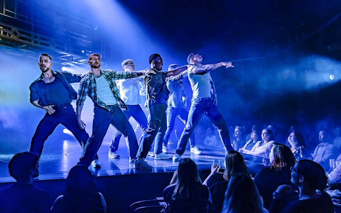 Performers dancing on stage during Magic Mike Live show.