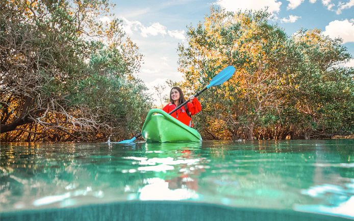 Kayaker paddling through mangroves in Abu Dhabi.