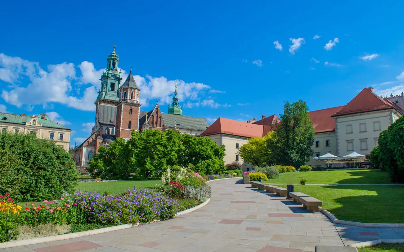 Wawel Cathedral with gardens on a guided tour in Krakow, Poland.