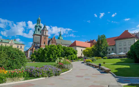 Wawel Cathedral with gardens on a guided tour in Krakow, Poland.