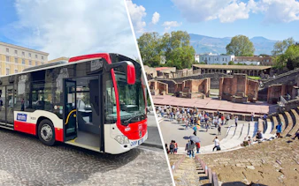 Alibus in Naples and tourists exploring Pompeii ruins.